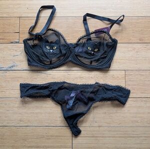 Adore Me Rare Black Cat Sheer Mesh Set 32DD Bra M Thong